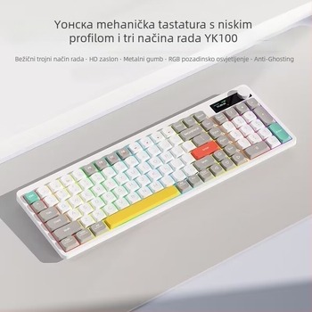 YK100 mehanička tipkovnica s ugrađenim zaslonom, tri načina povezivanja: bežično, žično, Bluetooth, crveni mehanički prekidači, PBT tipke s sublimacijom