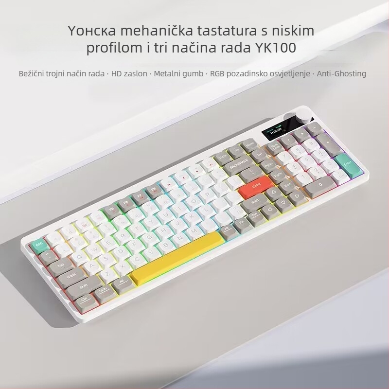 YK100 mehanička tipkovnica s ugrađenim zaslonom, tri načina povezivanja: bežično, žično, Bluetooth, crveni mehanički prekidači, PBT tipke s sublimacijom