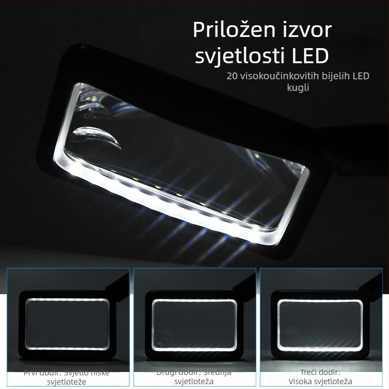 Lupa za čitanje s USB napajanjem, 4x povećanje, ručna, prijenosna, kvadratnog oblika, 20 LED, model 1311