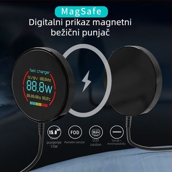 Bežični punjač s digitalnim zaslonom, magnetsko napajanje, PD protokol, max. 15W, izlaz 1,67A