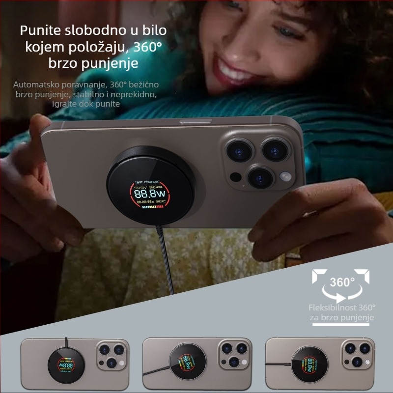 Bežični punjač s digitalnim zaslonom, magnetsko napajanje, PD protokol, max. 15W, izlaz 1,67A