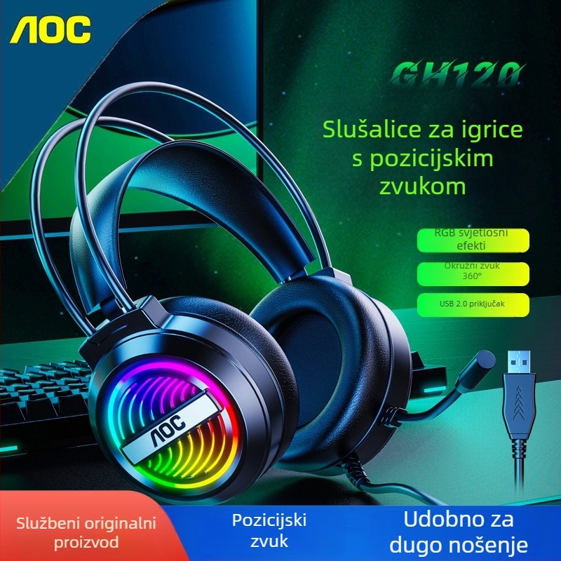 AOC GH120 Esports žični USB gaming headset za PC s mikrofonom, 40 mm pogonske jedinice, frekvencijski raspon 20–20000 Hz, kabel duljine 2 m