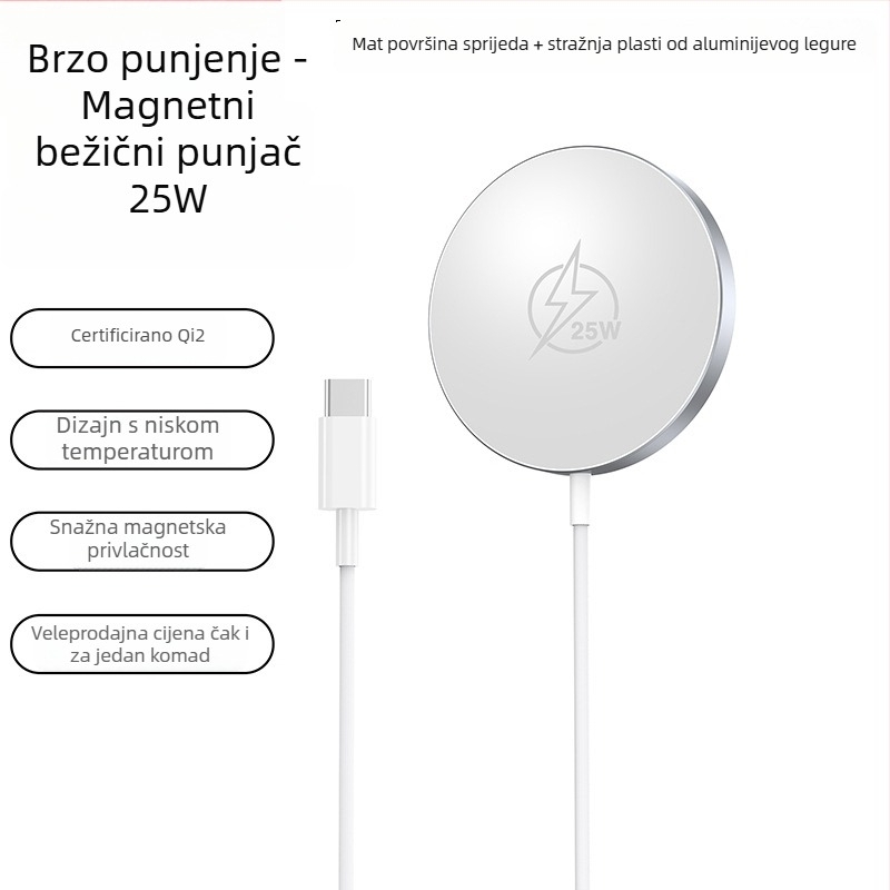 Magnetski bežični punjač, 25W, metal, Qi2.2 certificirani model, 2A izlaz