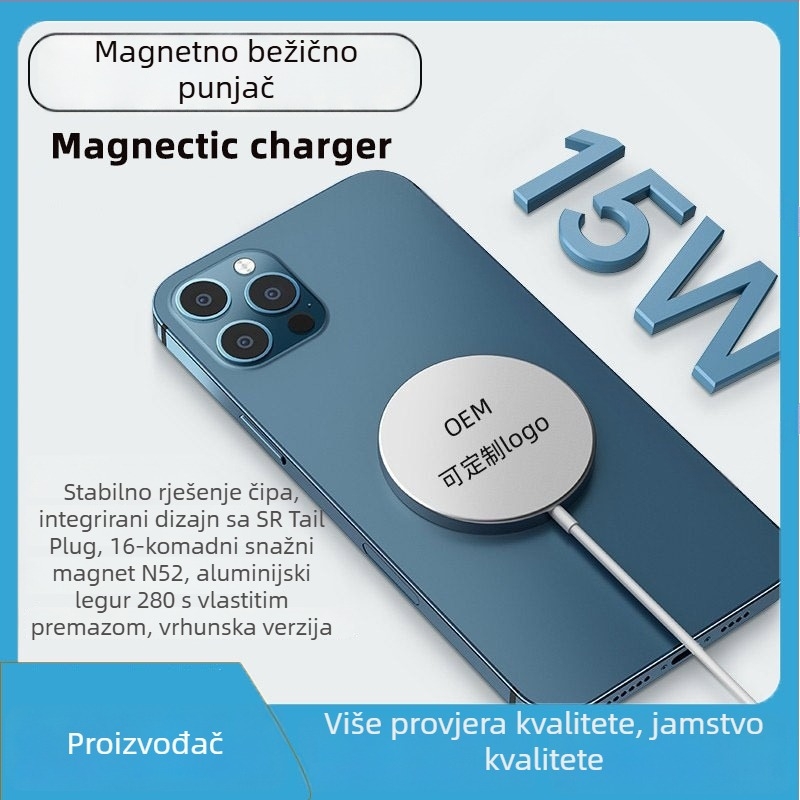 Magnetski Bežični Punjač za Apple Uređaje – 15W PD Brzo Punjenje, Magnetsko Poravnavanje, 1.67A, Aluminij-ABS