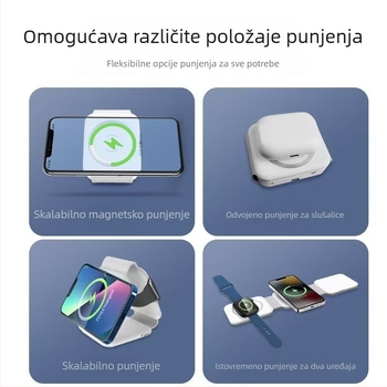 Tro-in-one magnetski bežični punjač s desktop-stalom s trostrukim sklapanjem, 15W max, QC3.0 brzo punjenje, izlaz 1.67A, za iPhone i slušalice