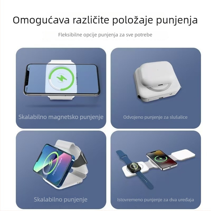 Tro-in-one magnetski bežični punjač s desktop-stalom s trostrukim sklapanjem, 15W max, QC3.0 brzo punjenje, izlaz 1.67A, za iPhone i slušalice