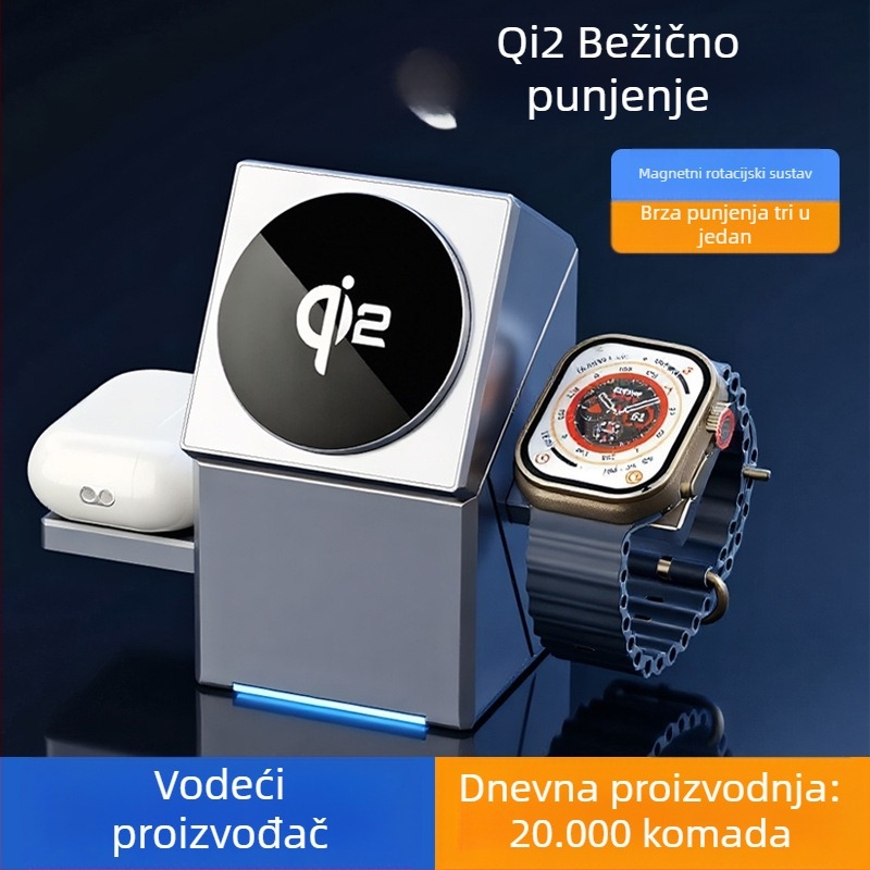 Qi2 3-u-1 okretni bežični punjač s MagSafe magnetskim punjenjem, 15W brzo punjenje, USB-C priključak