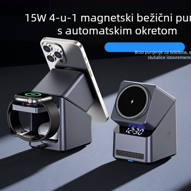 4-u-1 dodirni okretni držač za gledanje sa satom i bežičnim punjenjem, 15W bežično punjenje, 2A izlaz, 18W ukupna snaga