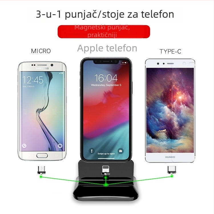 Magnetska baza za punjenje i držač telefona, tri u jedan, za Android s Type-C kabelom; QC2.0 protokol napajanja; izlazna snaga 9W; struja 2A; ukupna snaga 10W