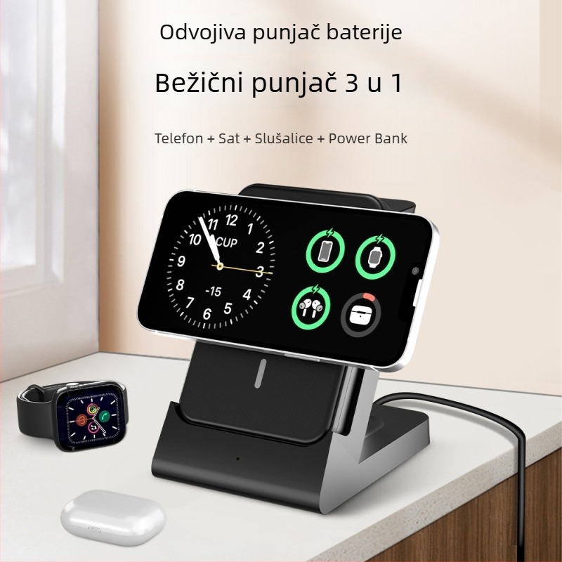Magnetski 3-u-1 power bank s bežičnim punjenjem i držačem za telefon — izlaz 15W, ukupna snaga 22W, PD brzo punjenje