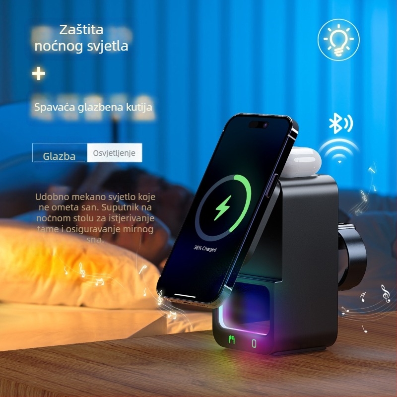 Pet u jednom bežični punjač s Bluetooth zvučnikom - magnetsko bežično punjenje, 15W brzo punjenje, QC 3.0, izlaz 3A, ukupna snaga 22.5W