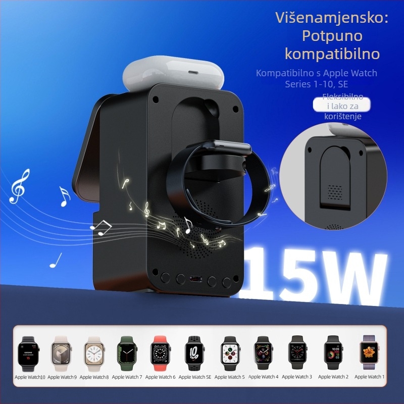 Pet u jednom bežični punjač s Bluetooth zvučnikom - magnetsko bežično punjenje, 15W brzo punjenje, QC 3.0, izlaz 3A, ukupna snaga 22.5W