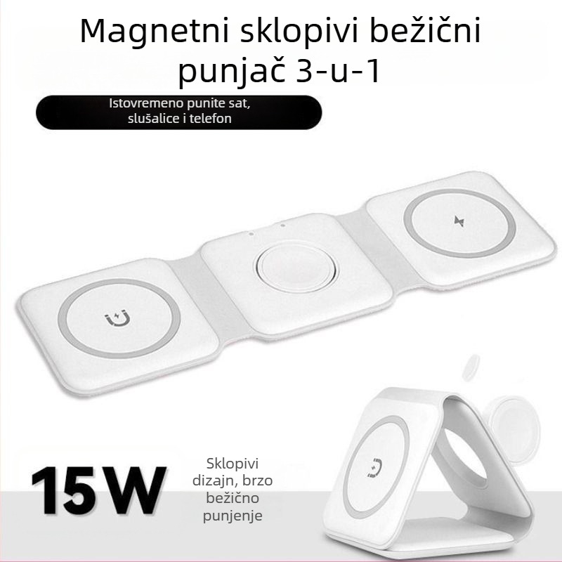 Bežični punjač 15W, 3-u-1 sklopni magnetski za satove i telefone