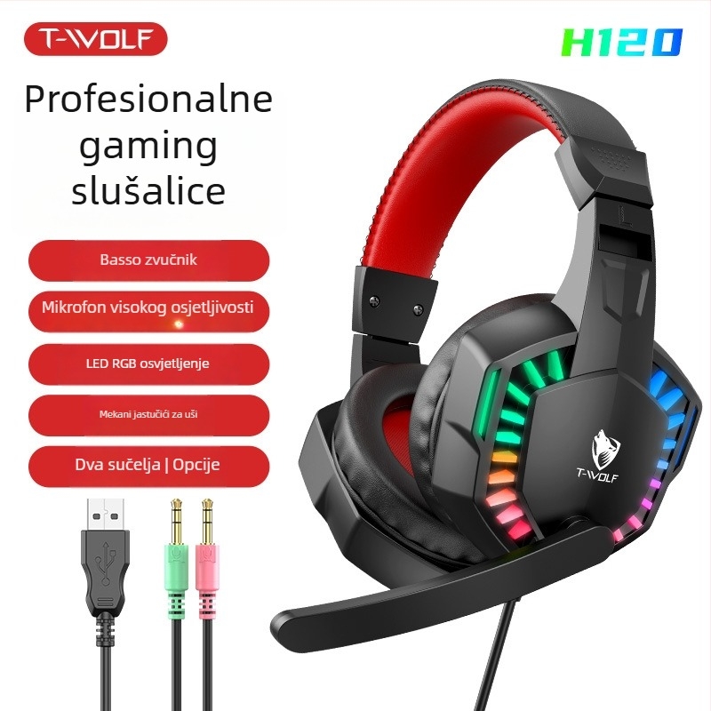 Thunderwolf H120 gaming slušalice za PC, žične, s mikrofonom, 40 mm zvučnice, USB + 3,5 mm, kabel 1,7 m