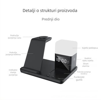 Multifunkcionalni bežični punjač s noćnim svjetlom za Samsung sat, Apple iPhone i slušalice – 15W brzo bežično punjenje, QC3.0