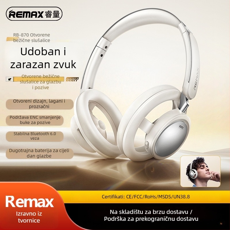 Remax bežične slušalice za glavu s ENC redukcijom buke, Bluetooth 6.0, domet 10 m, stereo zvuk, trajanje baterije preko 8 sati