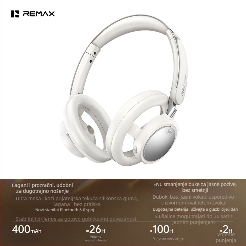 Remax bežične slušalice za glavu s ENC redukcijom buke, Bluetooth 6.0, domet 10 m, stereo zvuk, trajanje baterije preko 8 sati