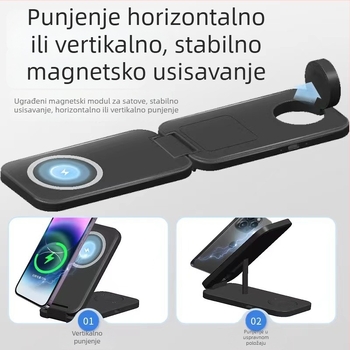 Sklopivi magnetski bežični punjač – 3u1 s neovisnim zavojnicama, istovremeno punjenje više uređaja (telefon 15W, sat 2,5W, slušalice 5W)