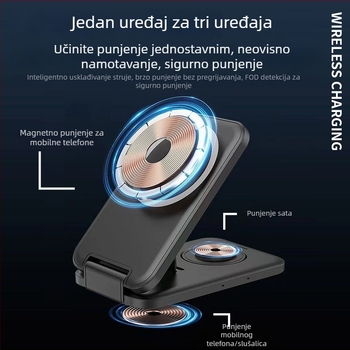 Sklopivi magnetski bežični punjač – 3u1 s neovisnim zavojnicama, istovremeno punjenje više uređaja (telefon 15W, sat 2,5W, slušalice 5W)