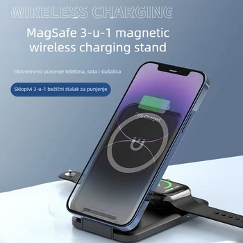 Sklopivi magnetski bežični punjač – 3u1 s neovisnim zavojnicama, istovremeno punjenje više uređaja (telefon 15W, sat 2,5W, slušalice 5W)