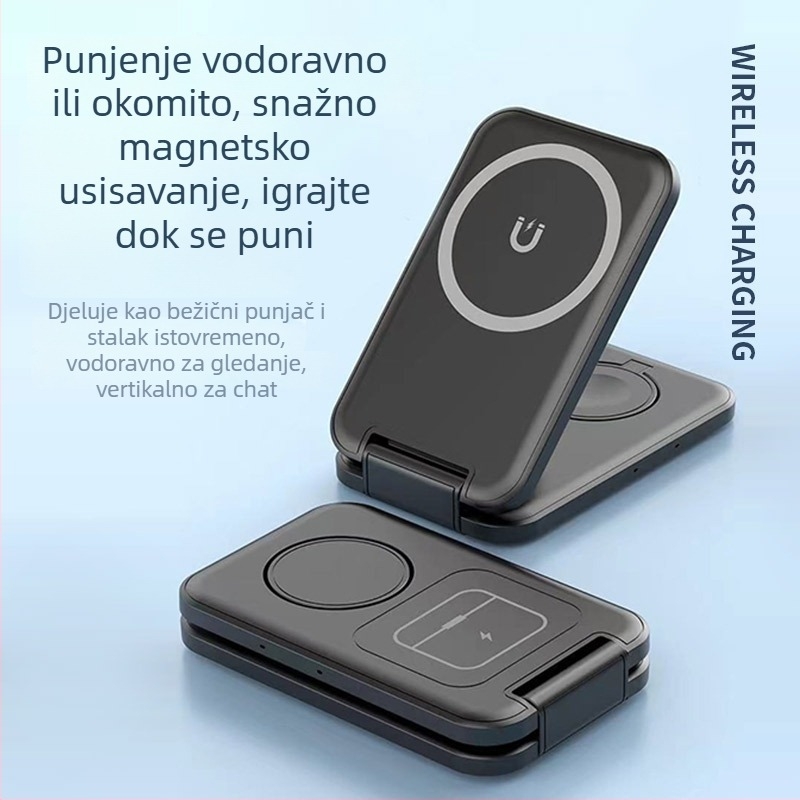 Sklopivi magnetski bežični punjač – 3u1 s neovisnim zavojnicama, istovremeno punjenje više uređaja (telefon 15W, sat 2,5W, slušalice 5W)