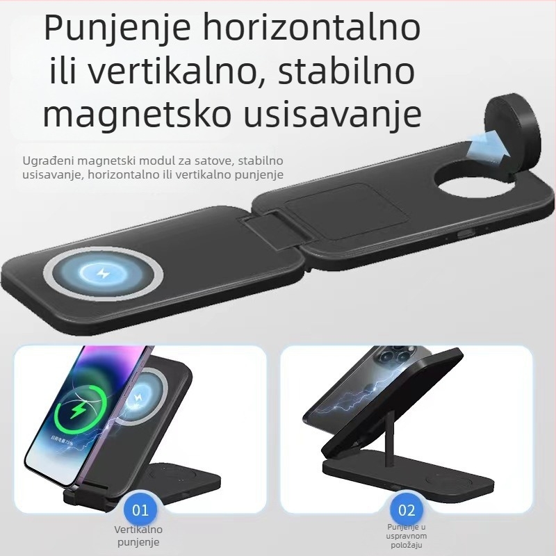 Sklopivi magnetski bežični punjač – 3u1 s neovisnim zavojnicama, istovremeno punjenje više uređaja (telefon 15W, sat 2,5W, slušalice 5W)