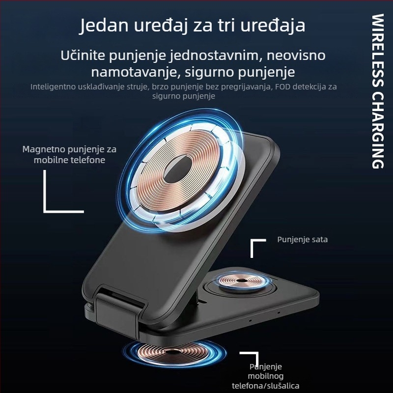 Sklopivi magnetski bežični punjač – 3u1 s neovisnim zavojnicama, istovremeno punjenje više uređaja (telefon 15W, sat 2,5W, slušalice 5W)