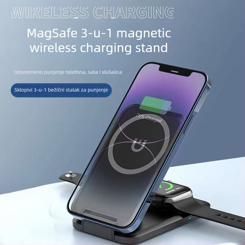 Sklopivi magnetski bežični punjač – 3u1 s neovisnim zavojnicama, istovremeno punjenje više uređaja (telefon 15W, sat 2,5W, slušalice 5W)