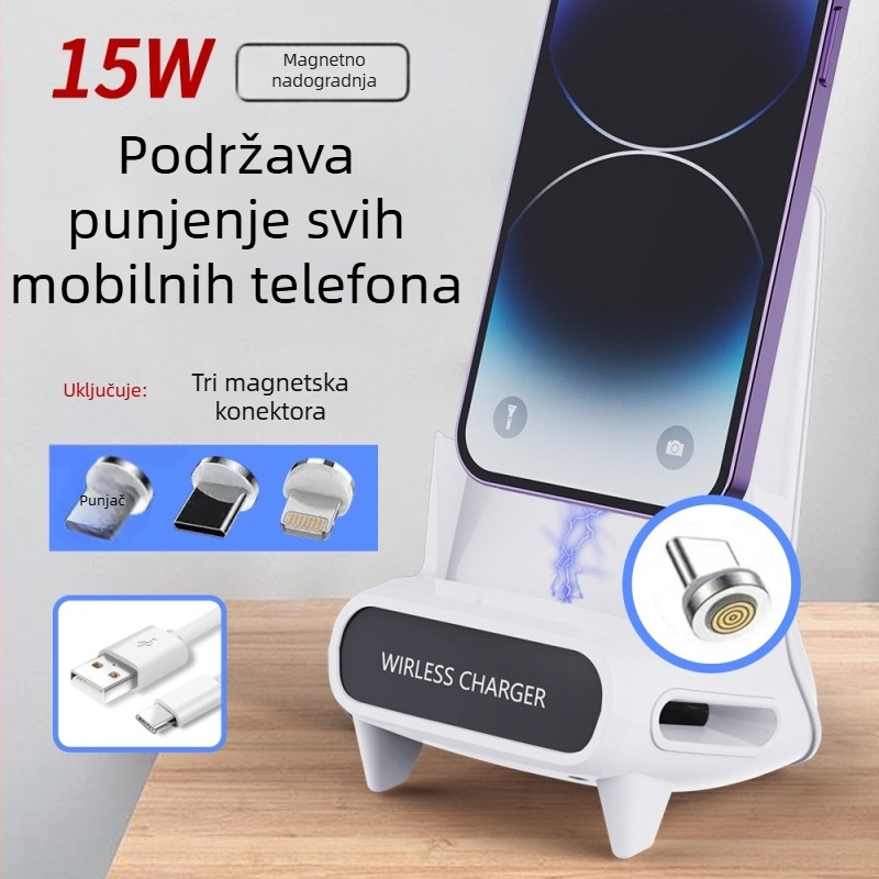 Bežični punjač za mobitel na stolu — horizontalno/vertikalno gledanje, QC 3.0 brzo punjenje, 15W, 9V/2A