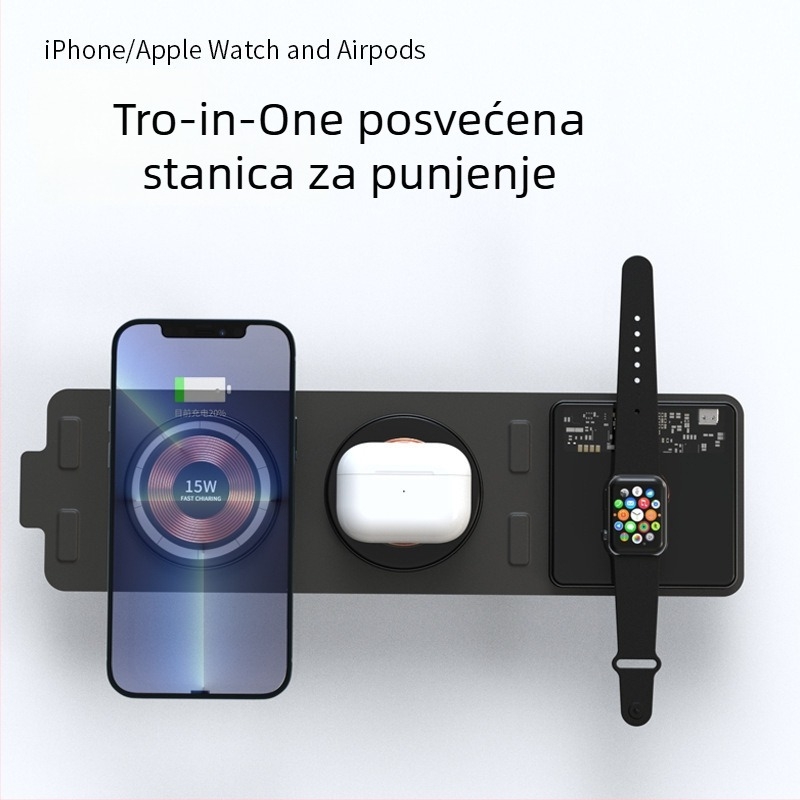 3-u-1 prozirni stolni bežični punjač, sklopni, 15W brzo punjenje, magnetsko napajanje, digitalni zaslon, model T01