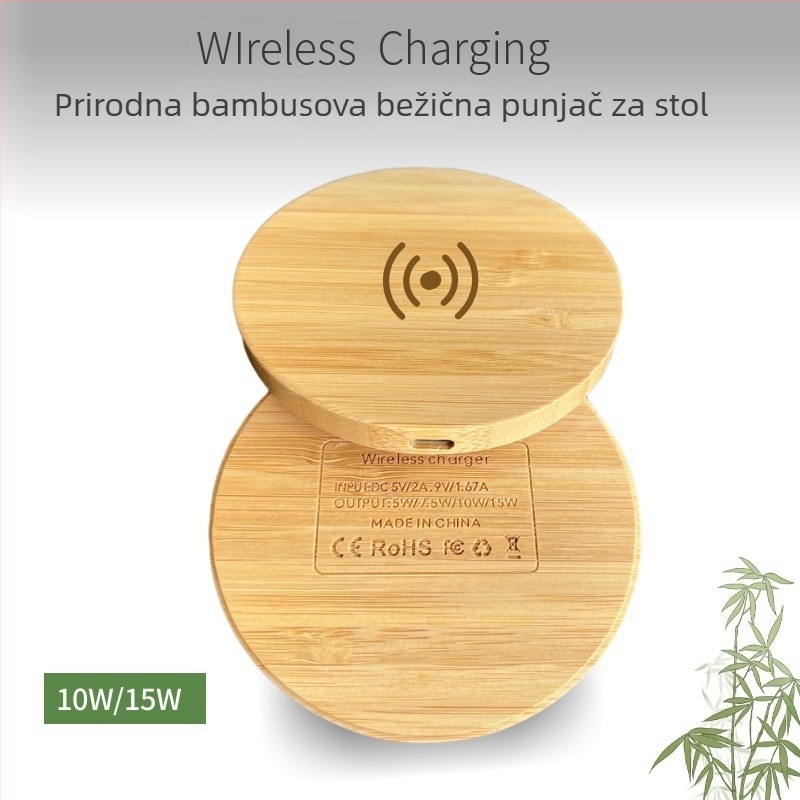 Bežični punjač od bambusa i čvrstog drveta, 15W, QC3.0, stolni dizajn, kompatibilan s Apple i Android