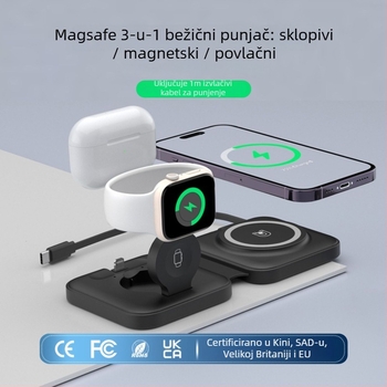 Tri u jedan bežični punjač za Apple MagSafe, kompaktan putni sklopivi dizajn, izvlačivi kabel, 15W izlaz, QC3.0