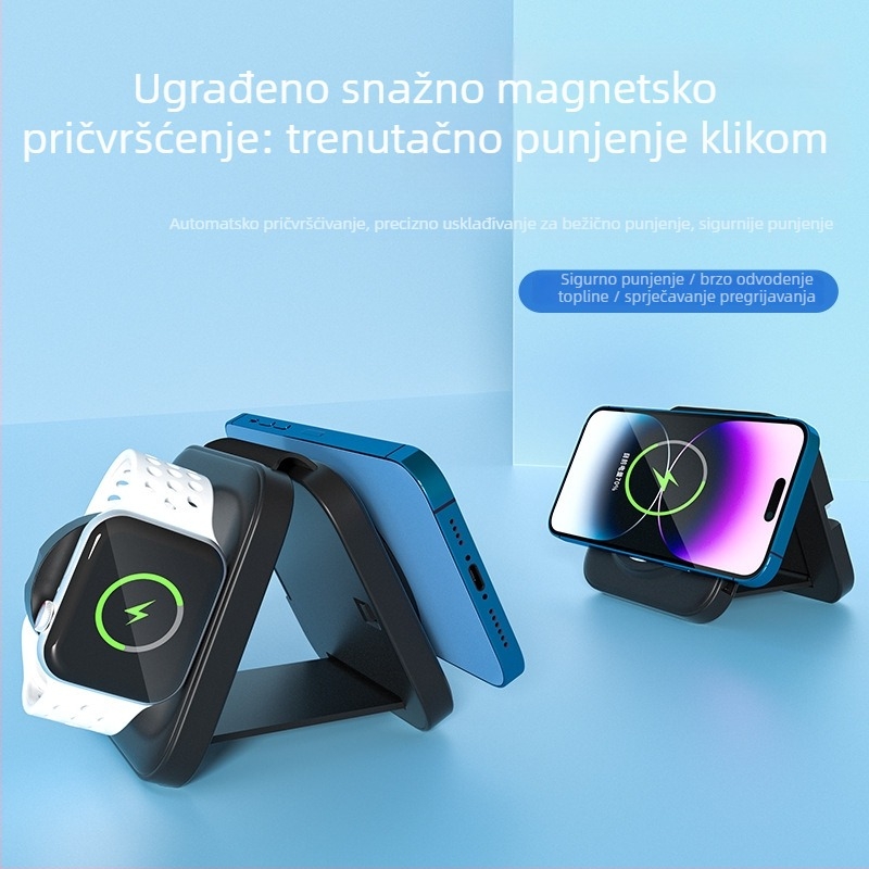 Tri u jedan bežični punjač za Apple MagSafe, kompaktan putni sklopivi dizajn, izvlačivi kabel, 15W izlaz, QC3.0