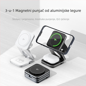 qi2 magnetski bežični punjač 3-u-1 od aluminijske legure s stolnim držačem za telefon, 15W, QC protokol, 2A