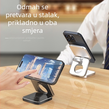 qi2 magnetski bežični punjač 3-u-1 od aluminijske legure s stolnim držačem za telefon, 15W, QC protokol, 2A