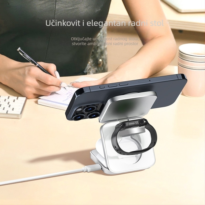 qi2 magnetski bežični punjač 3-u-1 od aluminijske legure s stolnim držačem za telefon, 15W, QC protokol, 2A