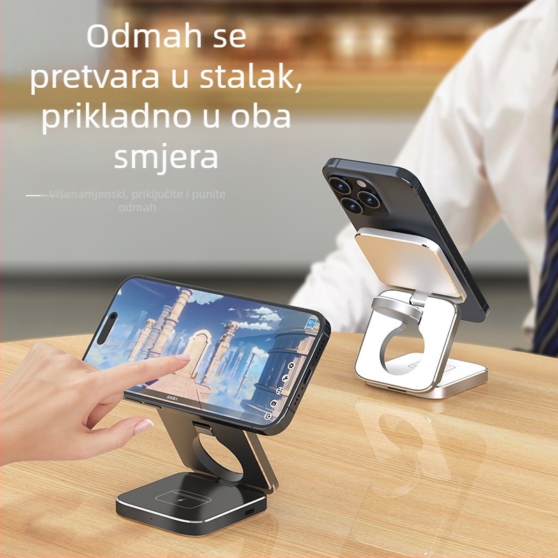 qi2 magnetski bežični punjač 3-u-1 od aluminijske legure s stolnim držačem za telefon, 15W, QC protokol, 2A