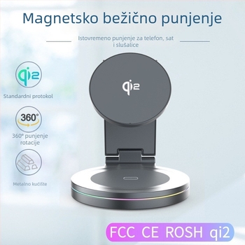 Cjelokovinski bežični punjač Qi2, 3-u-1 sklopivi držač za telefon, stolna prilagodba, PD i magnetsko punjenje, 15W