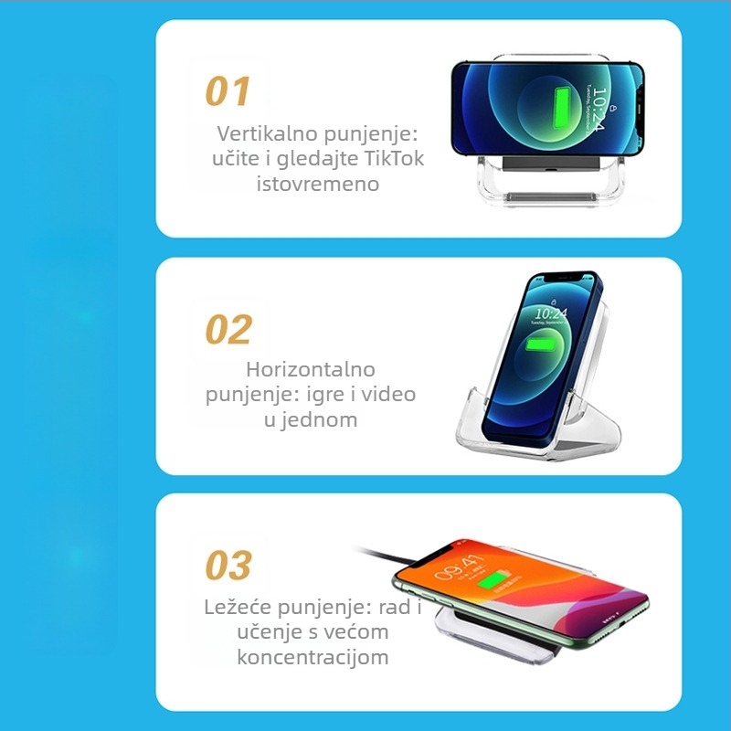 Bežični punjač s uspravnim stolnim držačem – maksimalno 15W, QC4.0 brzo punjenje, CE/ROHS certificirano