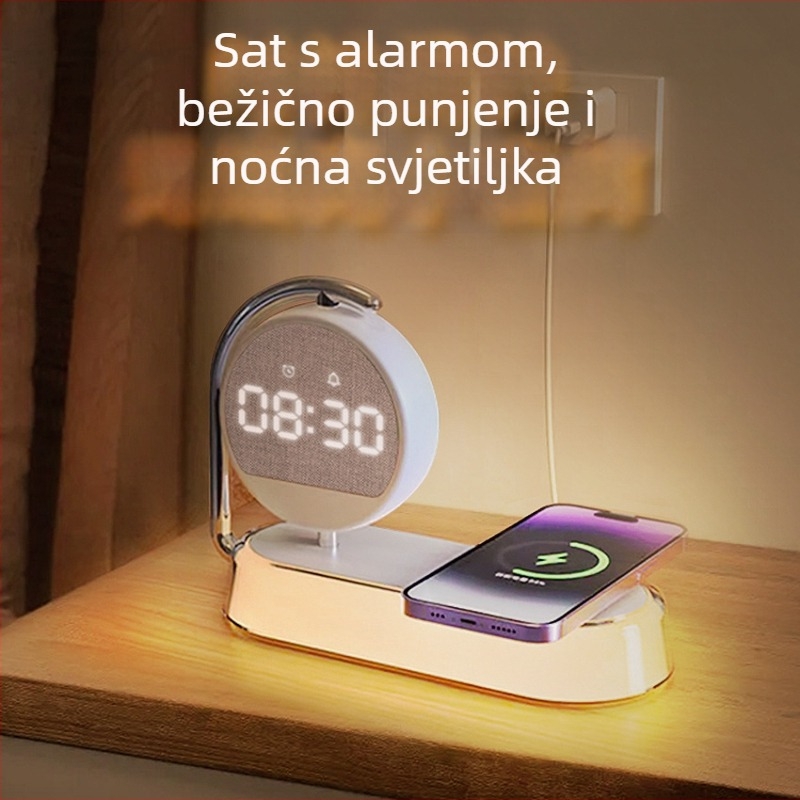Bežični punjač za telefon s ispisnim logotipom — 3-u-1 noćna lampa uz noćni ormarić sa satom i budilicom, digitalni zaslon, 15W QC3.0