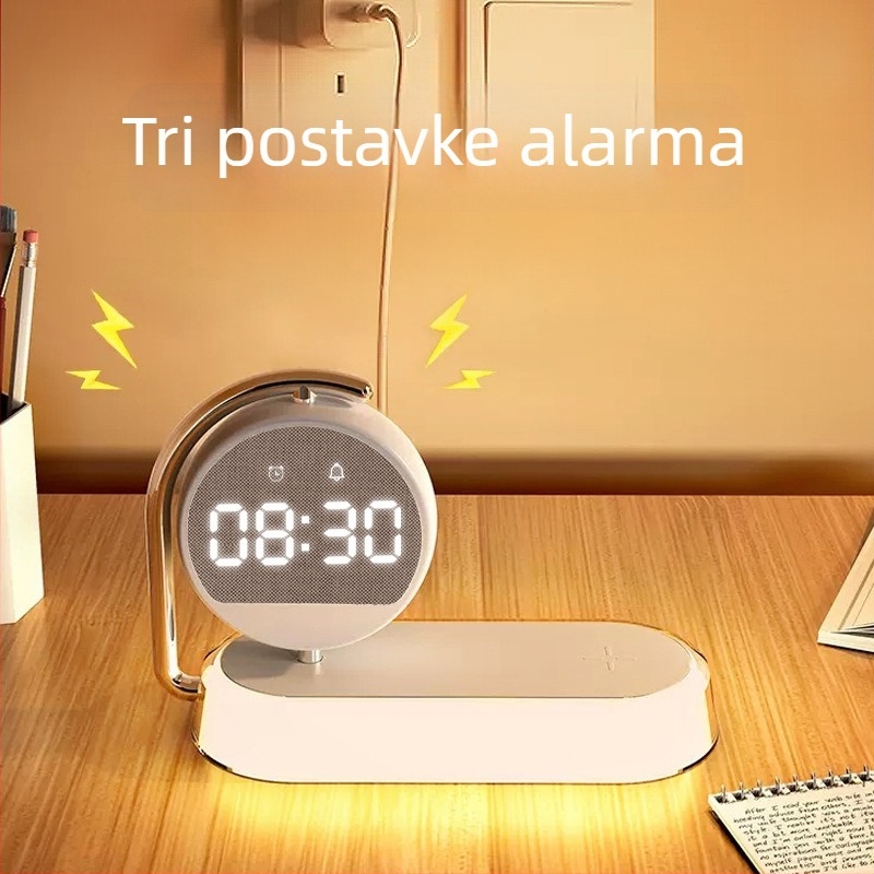 Bežični punjač za telefon s ispisnim logotipom — 3-u-1 noćna lampa uz noćni ormarić sa satom i budilicom, digitalni zaslon, 15W QC3.0
