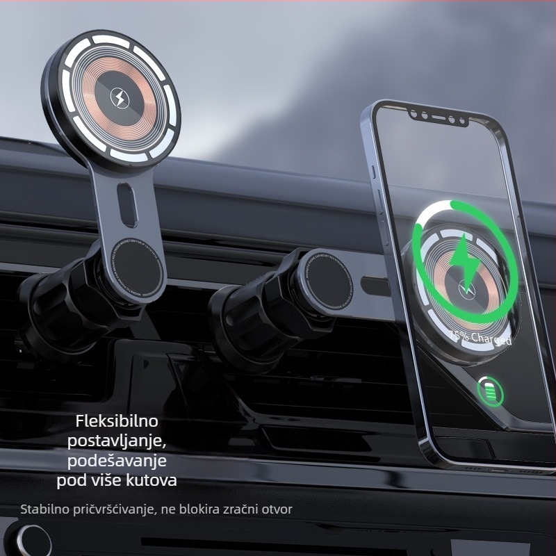 Magnetska držač za auto za telefon s bežičnim brzim punjenjem (15W) i QC3.0 — aluminijska legura, plast i akril