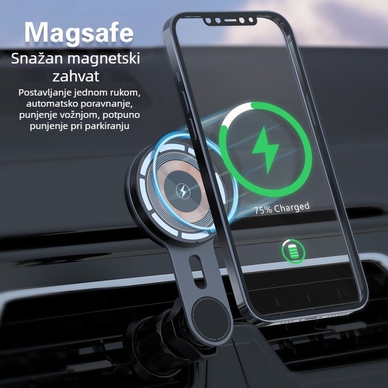 Magnetska držač za auto za telefon s bežičnim brzim punjenjem (15W) i QC3.0 — aluminijska legura, plast i akril