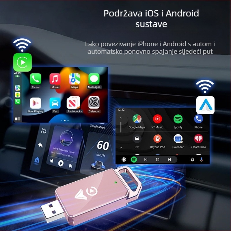 Bežični CarPlay adapter za automobil, model 4129, USB-C/USB sučelje, aluminijska legura + TPU, težina 50 g, kompatibilan s CarPlay ili audio sustavom