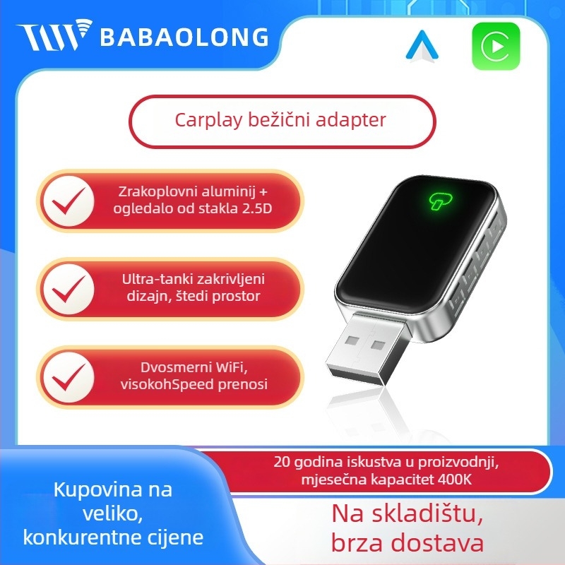 Bežični CarPlay adapter za automobil – model B17P, dvostruki jezgrovni CPU, Android OS, USB sučelje, kućište od avionskog aluminija
