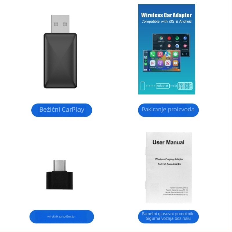 Bežični CarPlay adapter za automobil – model B17P, dvostruki jezgrovni CPU, Android OS, USB sučelje, kućište od avionskog aluminija