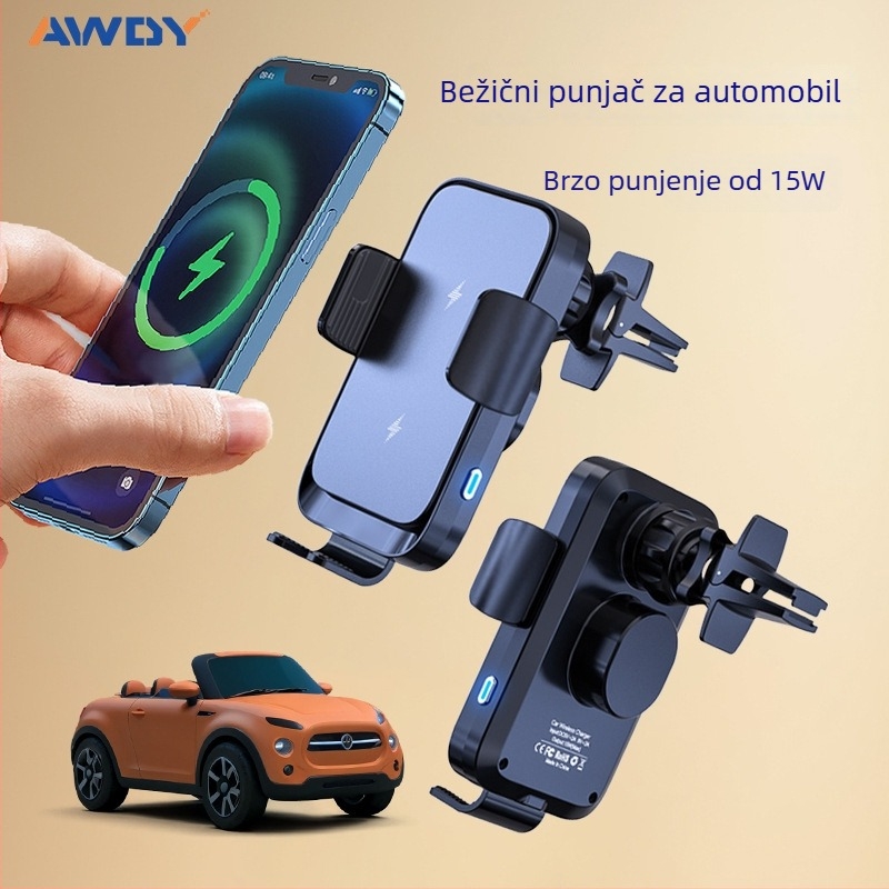 Bežični automobilski punjač i držač s povezivanjem na tri osi — 15W brzo punjenje, QC3.0, 2A