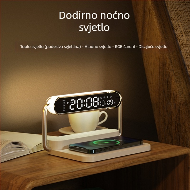 Memories M5 Pametni stolni bežični punjač s Bluetooth zvučnikom, noćnom lampom i digitalnim budilicom, 15W QC3.0 brzo punjenje