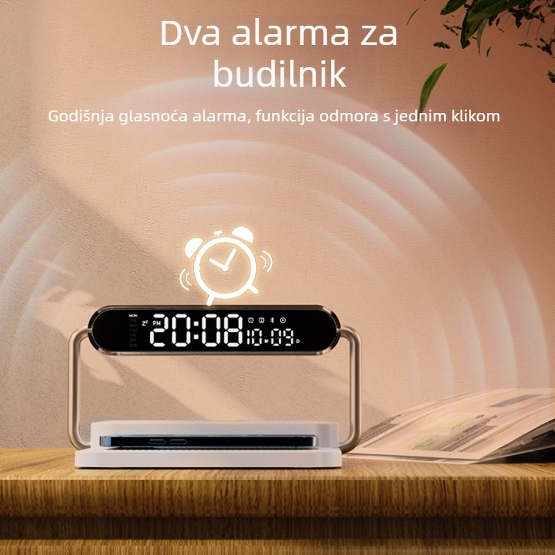Memories M5 Pametni stolni bežični punjač s Bluetooth zvučnikom, noćnom lampom i digitalnim budilicom, 15W QC3.0 brzo punjenje
