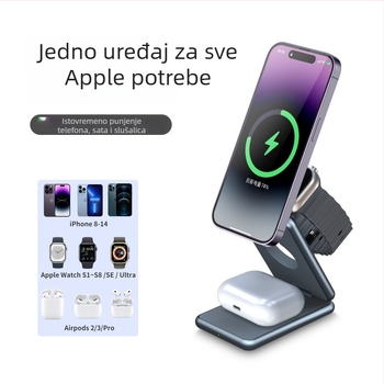 Tri u jedan bežični punjač od aluminijske legure za Apple i Samsung satove sa sklopivim metalnim stalkom (AK09; Ulaz 2000; Izlaz 1.5; Punjenje 2100 mA; CE/FCC/ROHS)